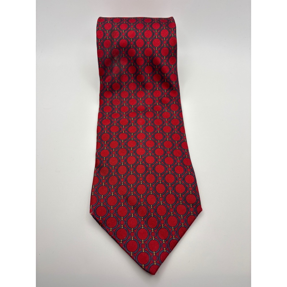 Bill Blass Mens Silk Necktie Red Navy Blue Gold Geometric Chain Link Pattern - Picture 2 of 5